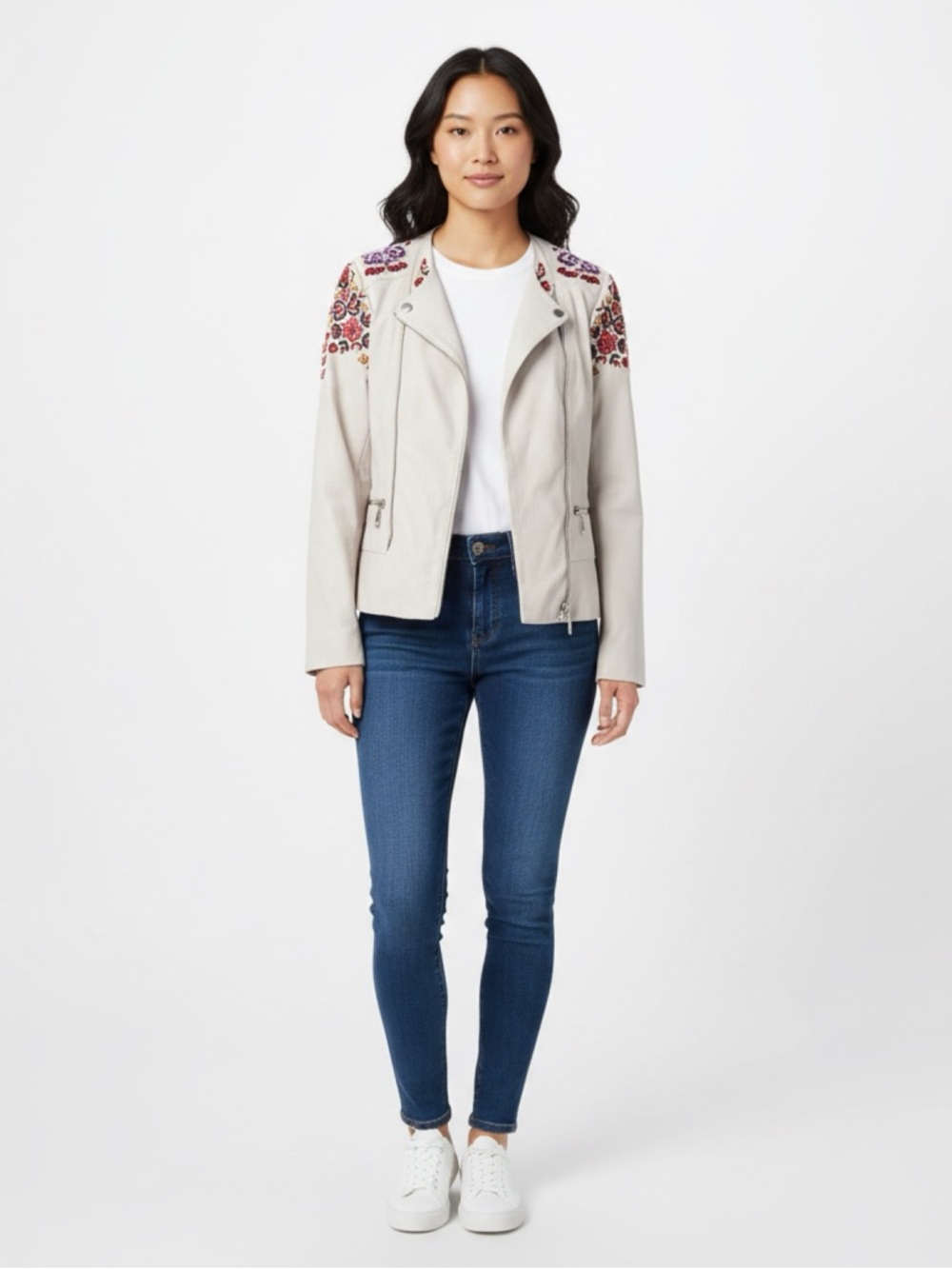 Rebecca Minkoff Cream Leather Jacket with Embroidery